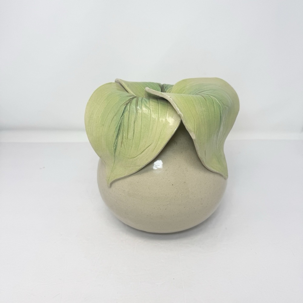 Studio Art Pottery Ceramic Leaf Vase Green Cream Sculptural Botanical 3D Signed